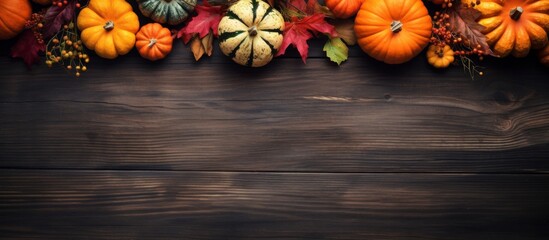 Wall Mural - Several vibrant pumpkins of different shapes and sizes arranged on a rustic wooden table