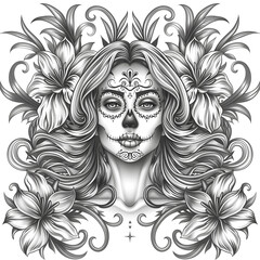 Wall Mural - Image of a girl with a sugar skull, flowers. Icon for Mexican events.