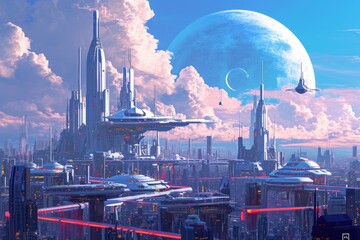 Leinwandbilder - Creating a digital illustration depicting futuristic cityscape architecture, Designing a digital artwork showcasing futuristic city architecture for a captivating cityscape illustration.