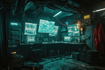 Cyberpunk hacker den in a dark, underground space with screens and tech equipment, Intriguing cyberpunk hacker hideout nestled in a dimly lit, underground location