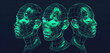 Three wireframe hologram heads, front view and side view, green glow on the faces, vector illustration, black background.