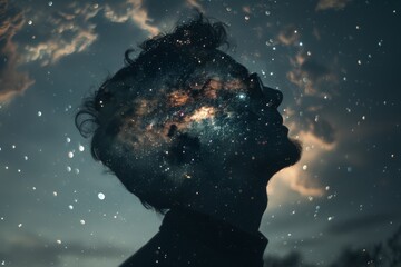 Wall Mural - mystical portrait of a person with a cosmos overlay, symbolizing deep contemplation.