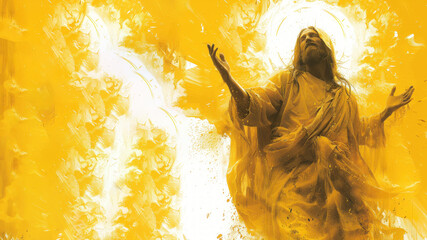 Yellow watercolor paint of Jesus is praying with his hands raised upwards