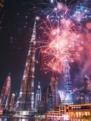 Sticker - City skyline with tall building in background and fireworks in sky