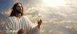 Jesus Christ in a panoramic sky background. Religious concept.