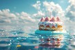 Beautiful birthday cake on a float in a pool, sky reflection, vibrant colors, natural light ,3DCG,high resulution,clean sharp focus