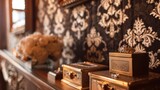 Fototapeta  - A touch of oldworld elegance with golden podiums shining against a backdrop of intricate damask wallpaper and vintage jewelry boxes . .