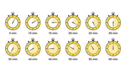 Wall Mural - Yellow stopwatch icons with different time, flat design, vector eps10 illustration