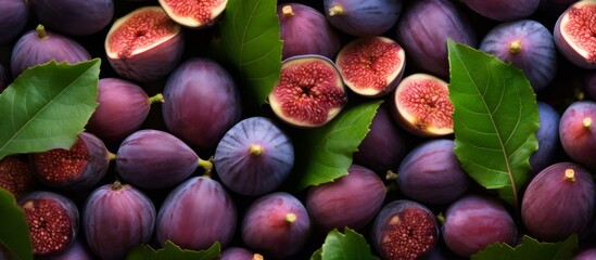 Wall Mural - A close up of several ripe figs clustered together, each adorned with green leaves, perfect for food or health-themed concepts