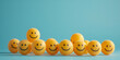 Many yellow balls with smiling faces. Social media and communications concept on blue background. generative ai