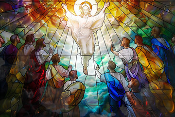 Ascension of Jesus Christ Stained Glass Illustration with Disciples Watching in Awe