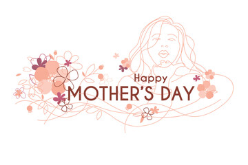 happy mother's day  card with woman and flowers in beige color, poster, decoration, vector illustration