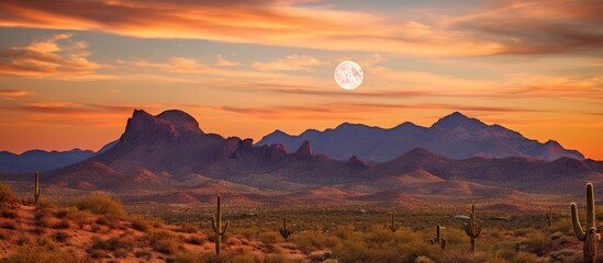 Wall Mural - The glowing full moon ascends over the rugged desert mountains in a serene desert landscape