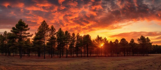 Poster - Capturing the tranquility of a beautiful sunset in a vast field surrounded by lush trees and green grass under the sky