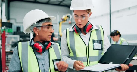 Aufkleber - team, partnership and women in factory with tablet, documents or information for work in industrial 