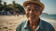 elderly asian man on bright summer beach vacation background smiling happy looking at camera with copy space for banner backdrop from Generative AI