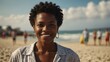 middle aged black african woman on bright summer beach vacation background smiling happy looking at camera with copy space for banner backdrop from Generative AI