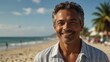 middle aged multiracial man on bright summer beach vacation background smiling happy looking at camera with copy space for banner backdrop from Generative AI