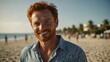 middle aged red head man on bright summer beach vacation background smiling happy looking at camera with copy space for banner backdrop from Generative AI