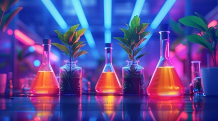 Canvas Print - beakers and flasks containing plants, set against a science lab background