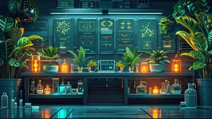 Poster - organic science laboratory filled with state-of-the-art equipment and flourishing plants