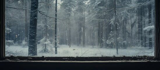 Sticker - A serene winter scene of a forest seen through a window, with a thick blanket of snow covering the ground outside