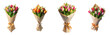set of bouquet of tulip wrapped around with gift paper isolated on transparent background
