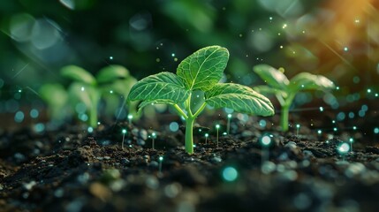 Wall Mural - green leaf sprouts emerging from the soil and futuristic