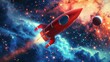 Red toy rocket soaring against a vivid space backdrop, symbolizing new beginnings and exploration