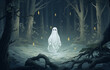 cartoon white cloak ghost standing in the middle of the forest 