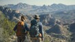 © Justlight - A pair of hikers pause to take in the breathtaking scenery admiring the vast expanse of rugged mountains in the distance. . .