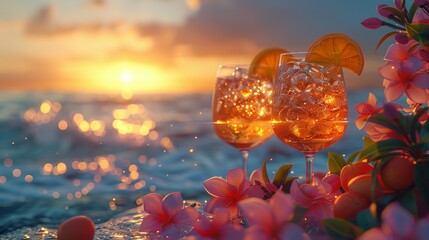 Tree glasses with cold fresh cocktails on beach at sunset. Party on summer holiday