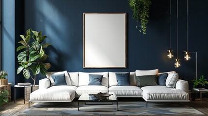 Poster - A large white couch is in a room with a blue wall and a white framed mirror. The room is well lit and has a modern feel