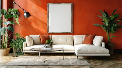 Aufkleber - A living room with a white couch, a coffee table, and a potted plant. The walls are painted in a bright orange color