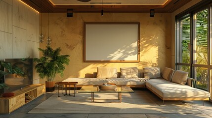 Aufkleber - A living room with a white wall and a large window. The room is decorated with a couch, a coffee table, and a potted plant. The room has a modern and minimalist design, with a focus on natural light