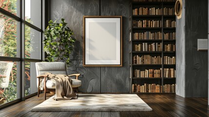 Aufkleber - A room with a white framed picture on the wall and a chair in front of it. The room is filled with bookshelves and a rug. The mood of the room is calm and peaceful