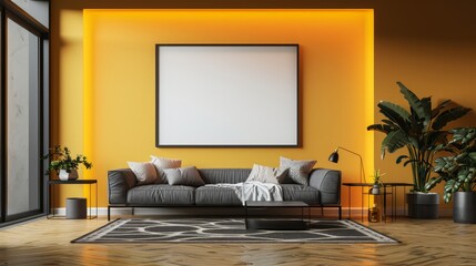 Aufkleber - A living room with a white wall and a black couch. The couch is covered with pillows and a blanket. There is a potted plant on the floor and a vase on the table. The room has a cozy