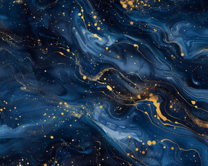 Wall Mural - Abstract blue and gold marble background, watercolor illustration of fluid patterns with glittering stars