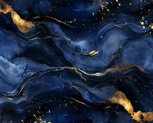 Wall Mural - Abstract blue and gold marble background, watercolor illustration of fluid patterns with glittering stars