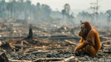 Fototapeta Big Ben - The desolate figure of an orangutan, encircled by barren land, vividly illustrates the devastating impact of human-induced deforestation and the escalating threat of global warming on natural habitats