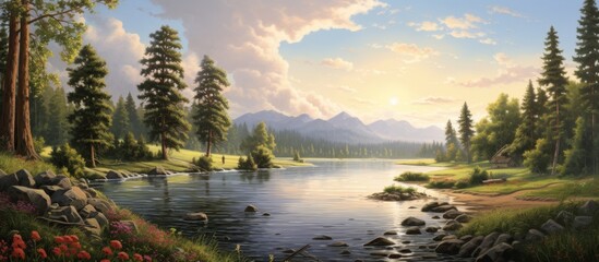 Sticker - A scenic painting featuring a flowing river with a majestic mountain range in the distant backdrop