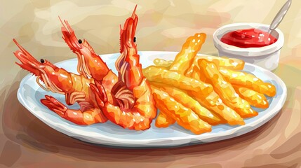Wall Mural - Delicious Shrimp Tempura and crispy fries on plate
