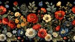 A vibrant floral pattern with a variety of colorful flowers on a black background suitable for textile design or wallpaper decoration