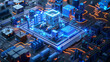 Complex Circuit Board with Futuristic City Model
. A detailed visualization of a complex electronic circuit board with a futuristic city model illustrating a smart urban ecosystem.
