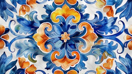 Wall Mural - Hand-drawn Majolica technique pattern, vibrant watercolor textile design