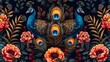 Vibrant illustration of two peacocks surrounded by lush floral patterns against a dark background, perfect for elegant design themes. 