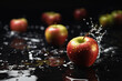 A juicy, ripe apple falls into the water. Splashes and drops of water on an apple. Generated by artificial intelligence