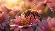 A close-up image of a honeybee pollinating vibrant daisy flowers at golden hour with a soft bokeh background. 