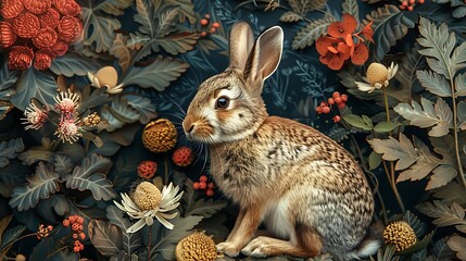 A detailed illustration of a brown rabbit surrounded by colorful flowers and foliage on a dark background, ideal for creative projects and designs.