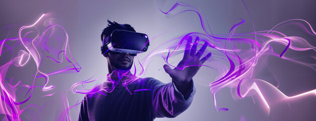 Happy young man experiencing a 3D simulation in a studio. Concept of digital metaverse and cyber world technology.
